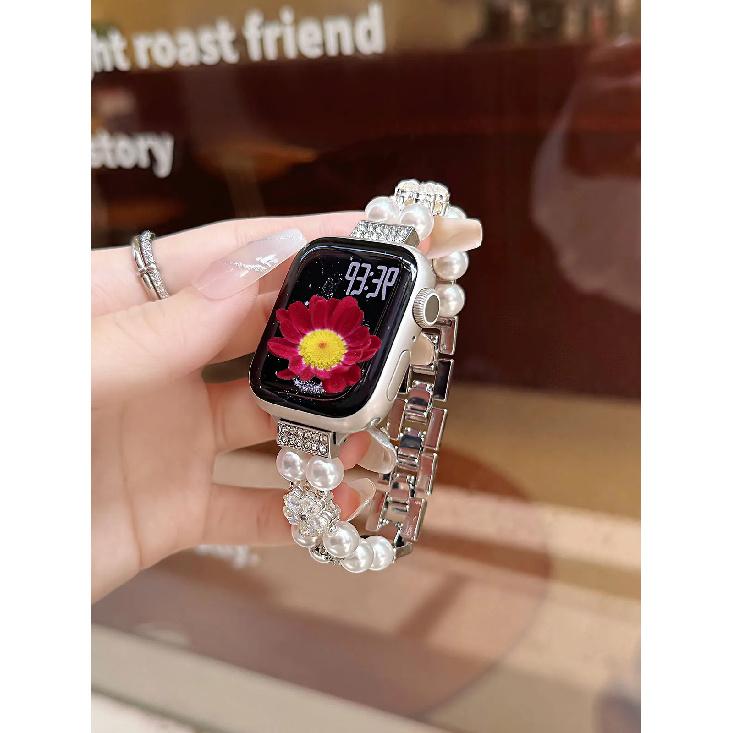 Pearl Beaded Bracelet for Apple Watch Bands for Women SE 11 40mm 41mm 42mm 38mm Dressy Metal Bling Jewelry Wristband Adjustable