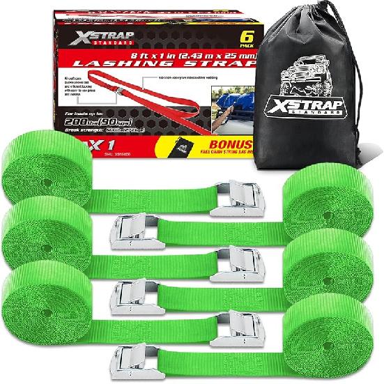 XSTRAP STANDARD Мягкая пряжка-фиксатор с кулачковым замком 6 шт. 8 футов Ременные стяжки для мотоспорта, Черные стяжные ремни, Поставляются с мешком на шнурке, Для крепления груза, багажа,
