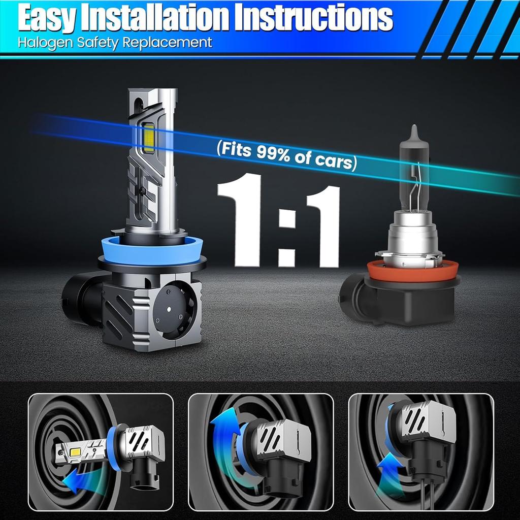 RCJ H11/H8/H9 Fog Bulbs, 1:1 Size 35000LM Brighter 6000K Cool White With 13000RPM Fan, Plug-N-Play, Pack Of 2
