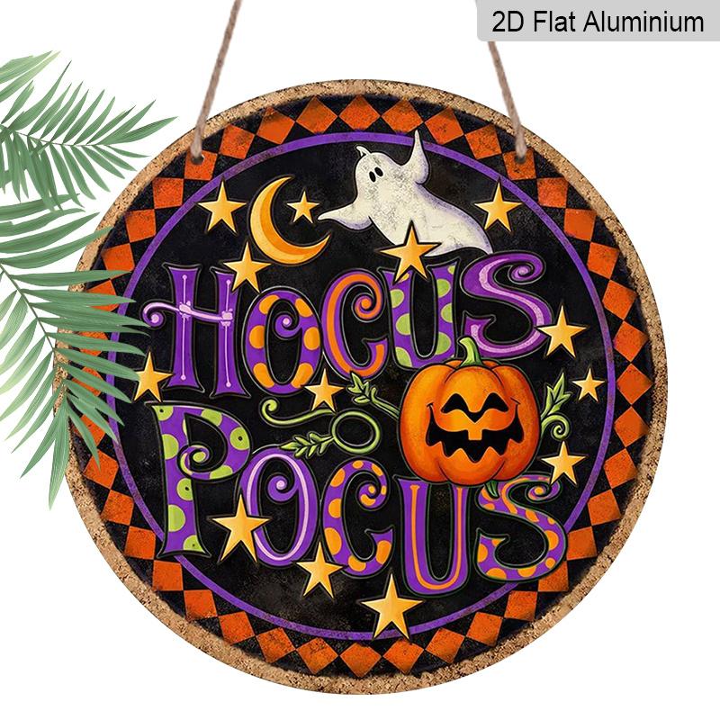 2D Flat, 1pc Round Aluminum Hanging Sign, Vintage Halloween Pumpkin Decorative Plaque, Hocus Pocus Magic Themed Decor Sign, Suitable for Decorating