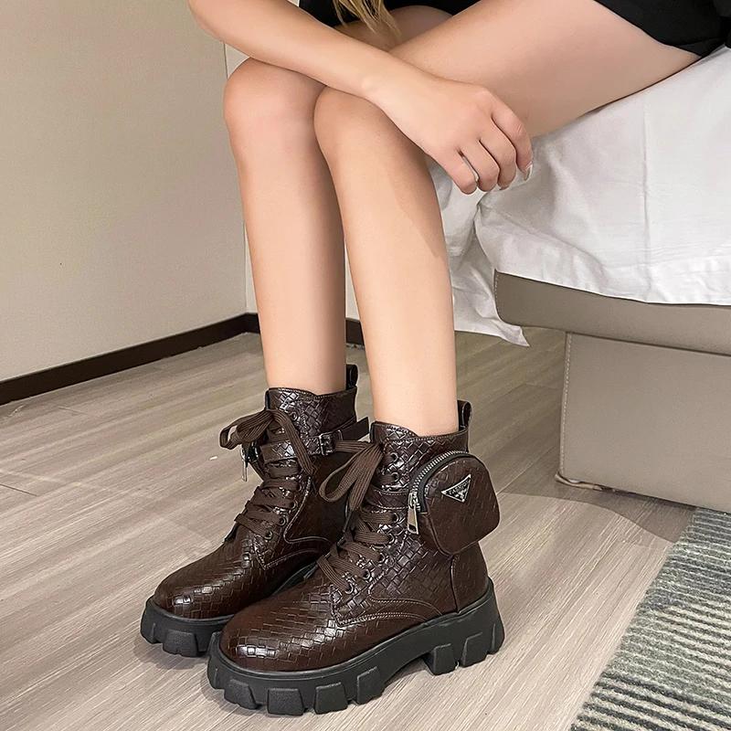 Fashion Women's Boots New Ankle Boots Women's Lace Up Thick Sole Black Leather Oxford Shoes Women's Bags Black Platform Boots