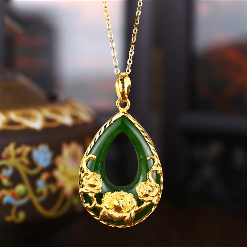 Позолоченный кулон из нефрита в форме капли и ожерелье с розой-пионом - Символ богатства и процветания, Идеальный подарок для мамы.