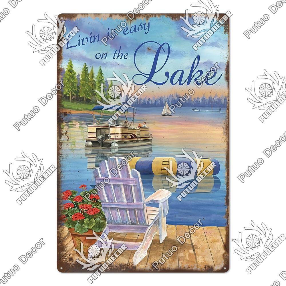 Putuo Decor Винтажные жестяные таблички «Дом у озера», деревенская табличка, металлическая пластина, настенный декор для гостиной, кухни и прихожей, постеры