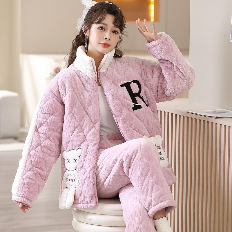 Коралловая бархатная трехслойная стеганая куртка и пижама для женщин Зимний фланелевой домашний костюм с очень толстой теплой молнией и бархатом