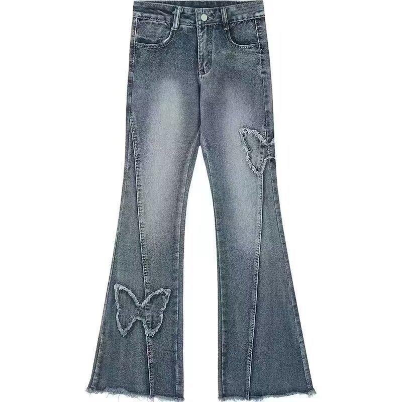 Джинсы клеш большого размера с вышивкой бабочками - Женские летние уличные зауживающие брюки-клеш