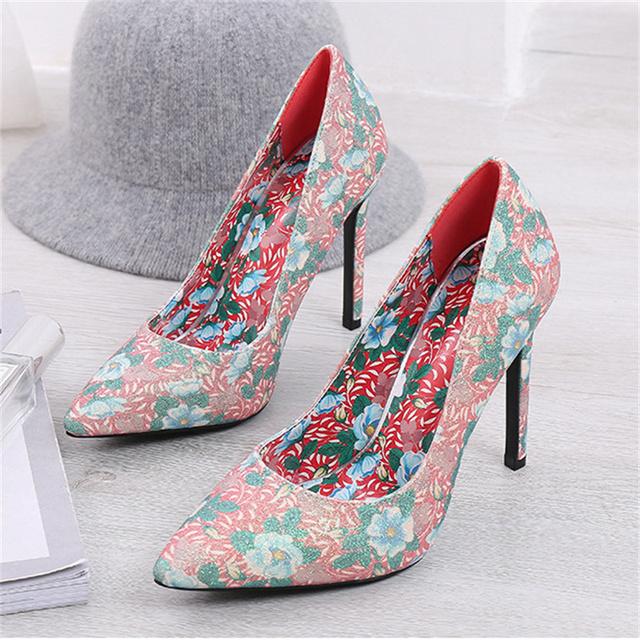 Женские милые туфли на высоком каблуке 11 см, модные туфли с цветочным принтом и острым носком, туфли-лодочки на шпильках, женские туфли в стиле граффити зеленого цвета для свадебной вечеринки