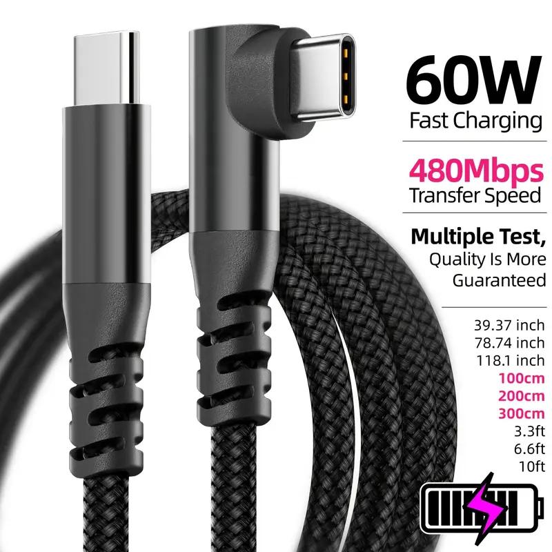 Угловой USB-C на USB-C Кабель 1М 2М 3М 10ФТ, 60Вт PD Быстрая Зарядка Синхронизация Данных Нейлоновая Оплетка Type‑C Зарядный Шнур для iPhone 15 15Plus 15Pro Max Android Планшета