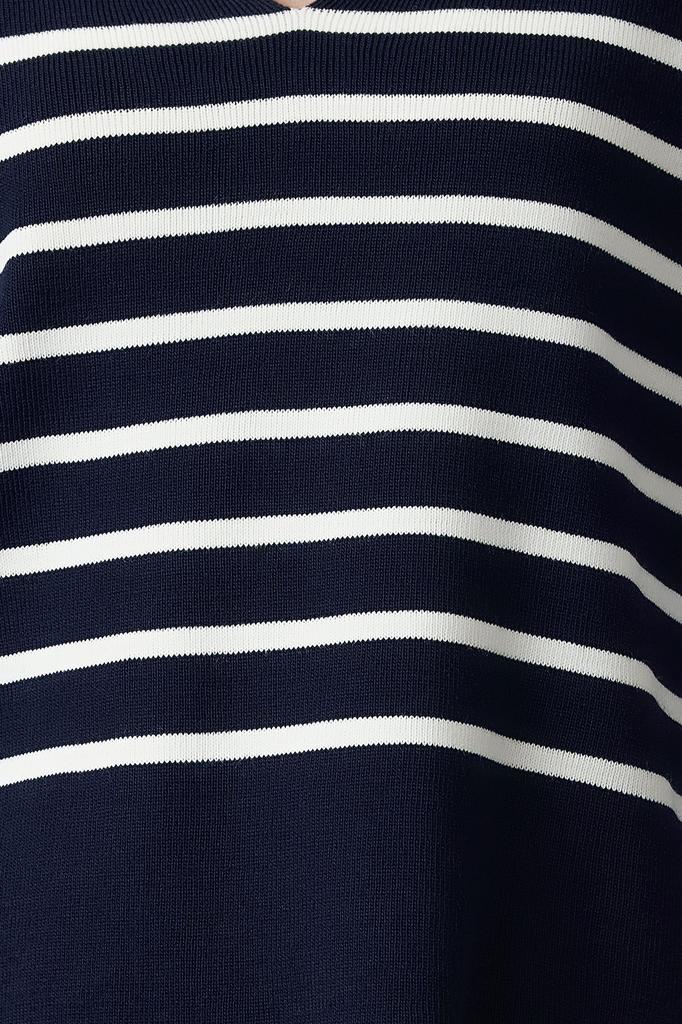 Женский модный стильный свитер темно-синий широкий вязаный свитер с воротником в полоску