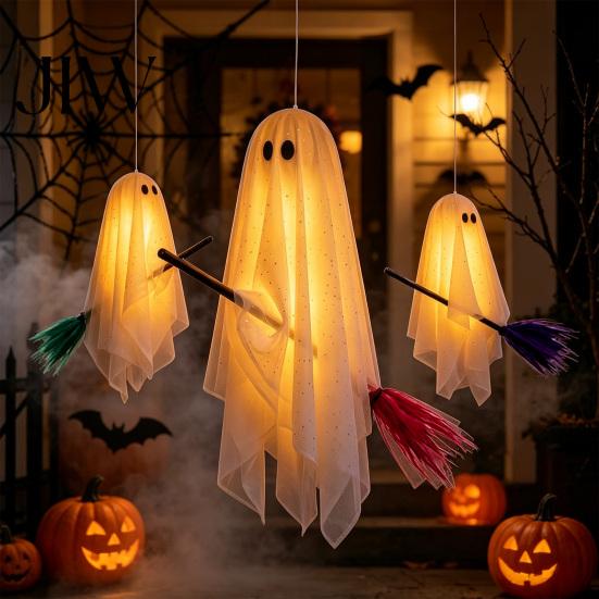 Decorative Ghost for Trees 3 Pcs Halloween Decorations, Spooky Hanging with Broom, Outdoor Seasonal Party Supplies Large Flying White Tree Porch Yard