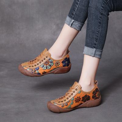 Этнический стиль Ретро Ручная работа Натуральная кожа Мягкая подошва Обувь из коровьей кожи На шнуровке Женские туфли на плоской подошве