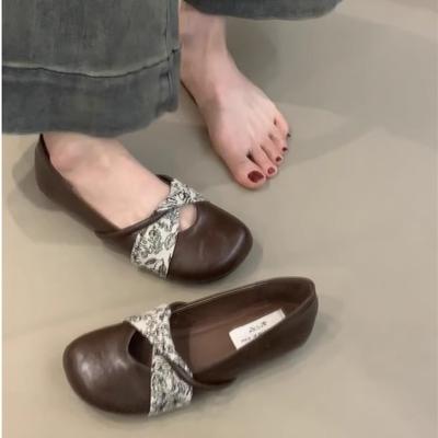 Вариант из овчины! Ретро лоскутные туфли Мэри Джейн с круглым носком, женские однопедальные туфли на плоской подошве, коричневые туфли-бини на мягкой подошве