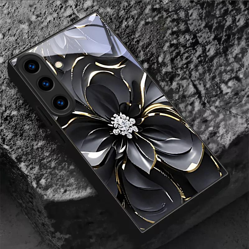 Midnight Gilded Petals Black Glass Phone Case For For Samsung Galaxy S26 S25 S26Ultra S25 Edge S24 FE S23 S22 S21 S20 Plus Cover