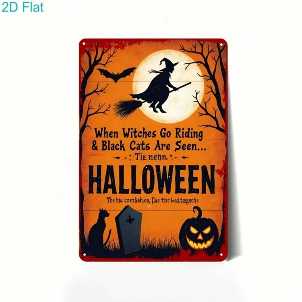 Halloween Witch Metal Tin Sign, Spooky Night 2D Flat Wall Art, Vintage Home Bar Garage Decor, Party Decoration