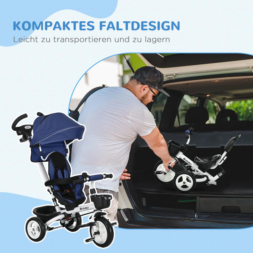 Metal Frame 6 in 1 Baby Push Tricycle with Parent Handle for 1-5 Years Old, Dark Blue