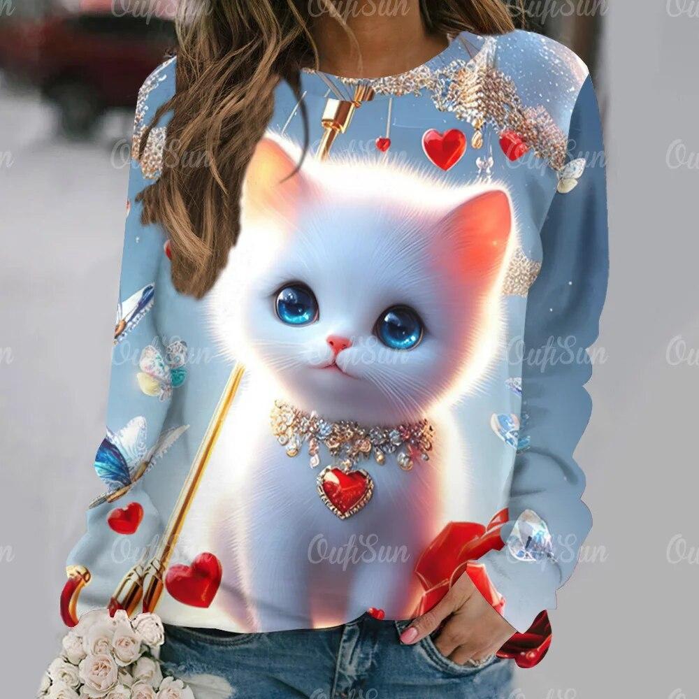 Kawaii женская футболка с забавным рисунком кота, футболка с длинными рукавами, повседневная уличная одежда, женский свитер, новый женский пуловер, одежда, топ