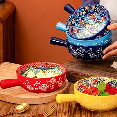 Богемская керамическая салатница с ручкой, расписанная вручную, с тисненым узором, кухонная форма для выпечки, подходит для микроволновой печи и духовки, 1 шт.