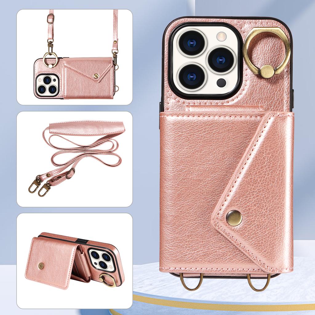 Для iPhone 15 серии. Для iPhone 15, 15 Plus, 15 Pro, 15 Pro Max плечевой ремень веревка кольцо кронштейн дизайн держатель для карт слоты личи узор чехол для телефона