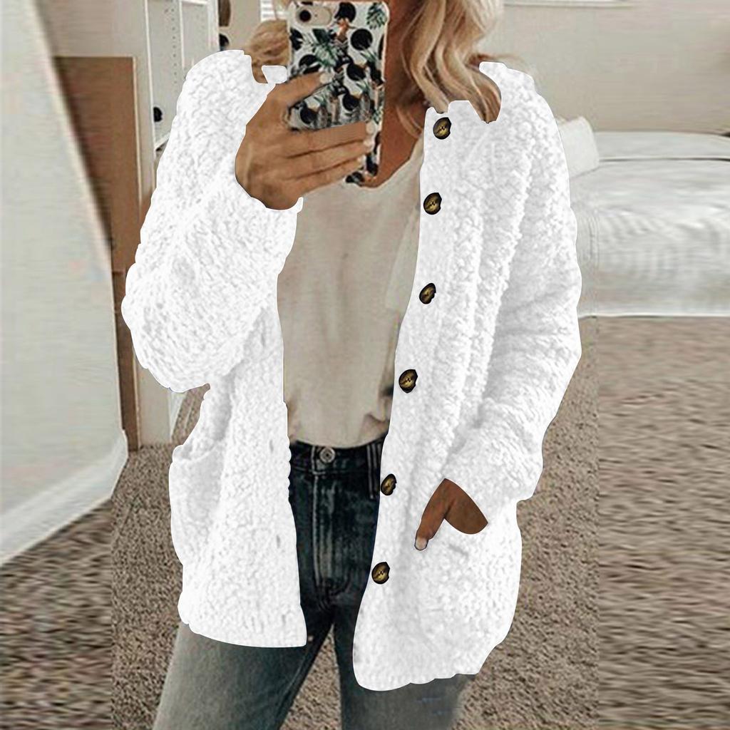 Women's Fashionable Solid Color Long Sleeved Single Breasted Pocket Round Neck Plush Jacket