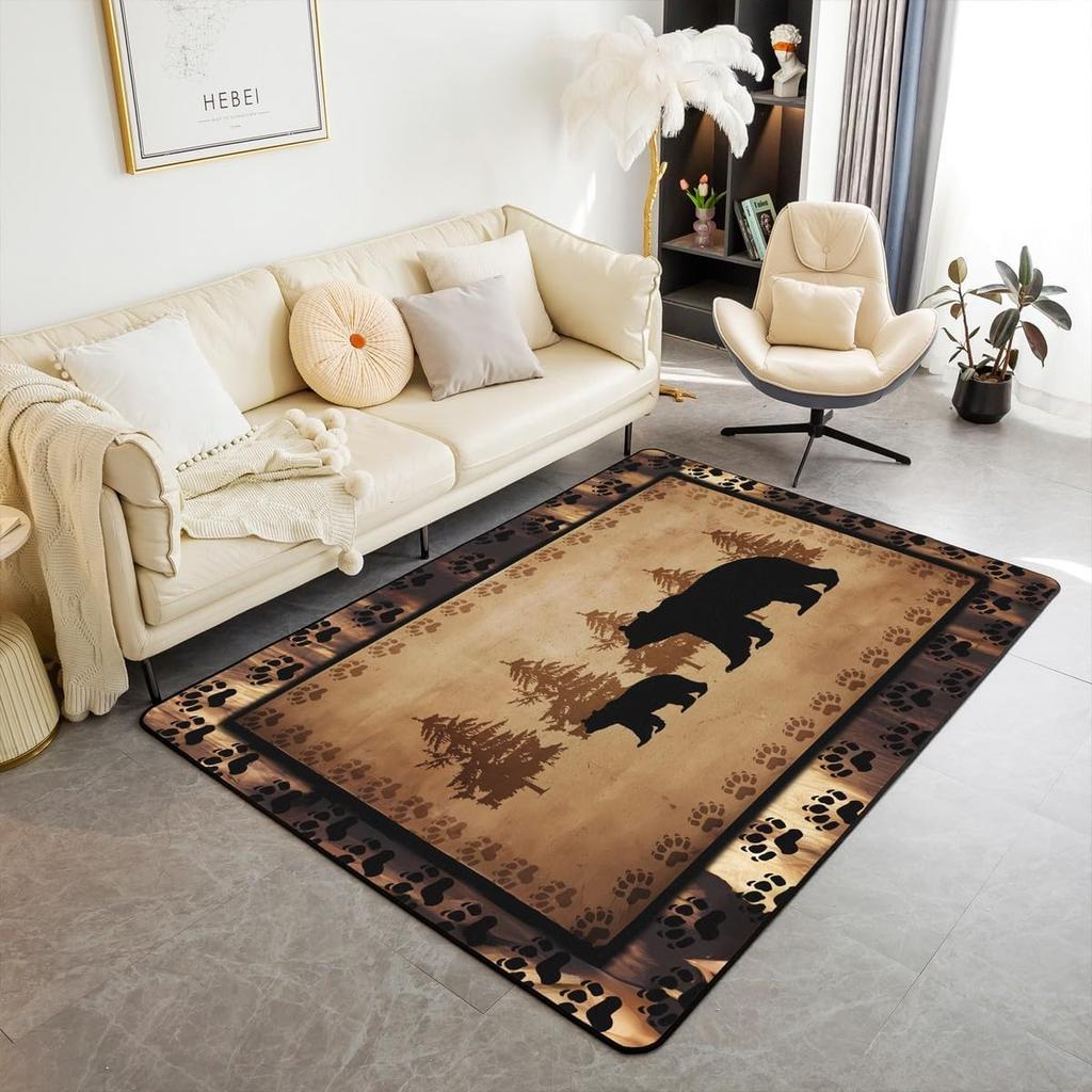 Farmhouse Bear Area Rug for Kids Bedroom and Living Room, Retro Brown Paw Print Carpet, Wild Animal Decorative Floor Mat
