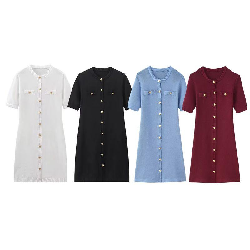 Kaslead New Arrival Women's Clothing Fashion Style Fashion Minimalist Two-Color Knitting Short Sleeve Button Dress Sweater