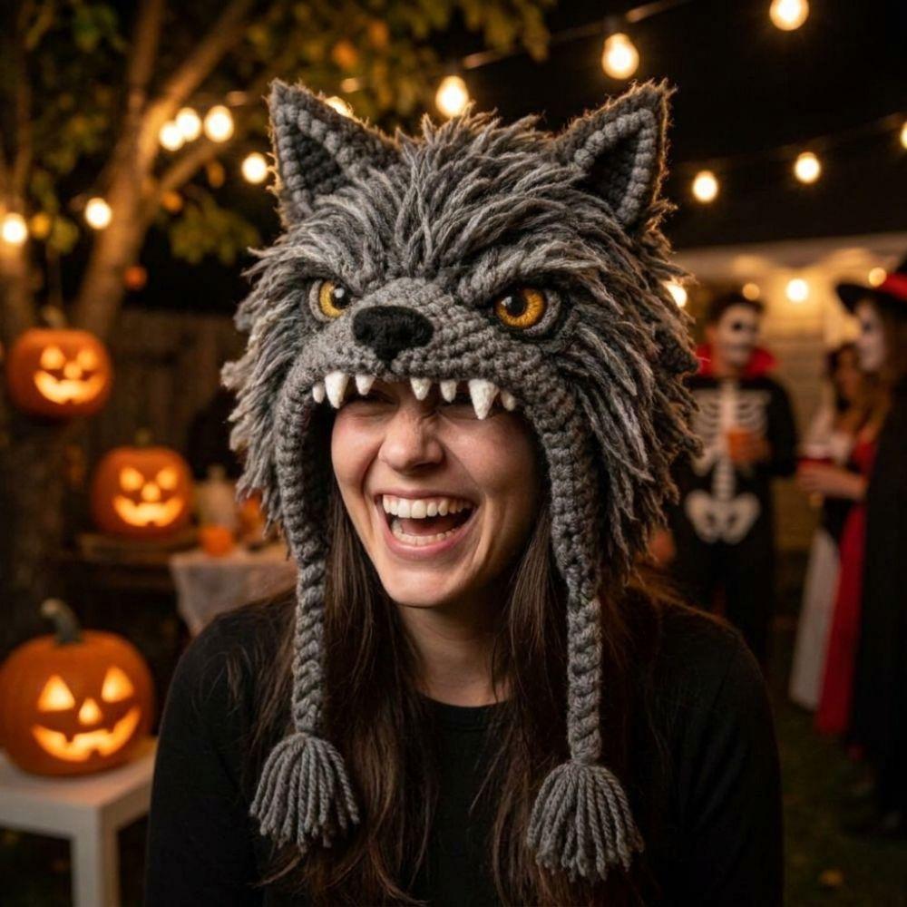 Gothic Style Hand Knitting Animal Hood Set Handmade Pumpkin Bat Cat For Beginner