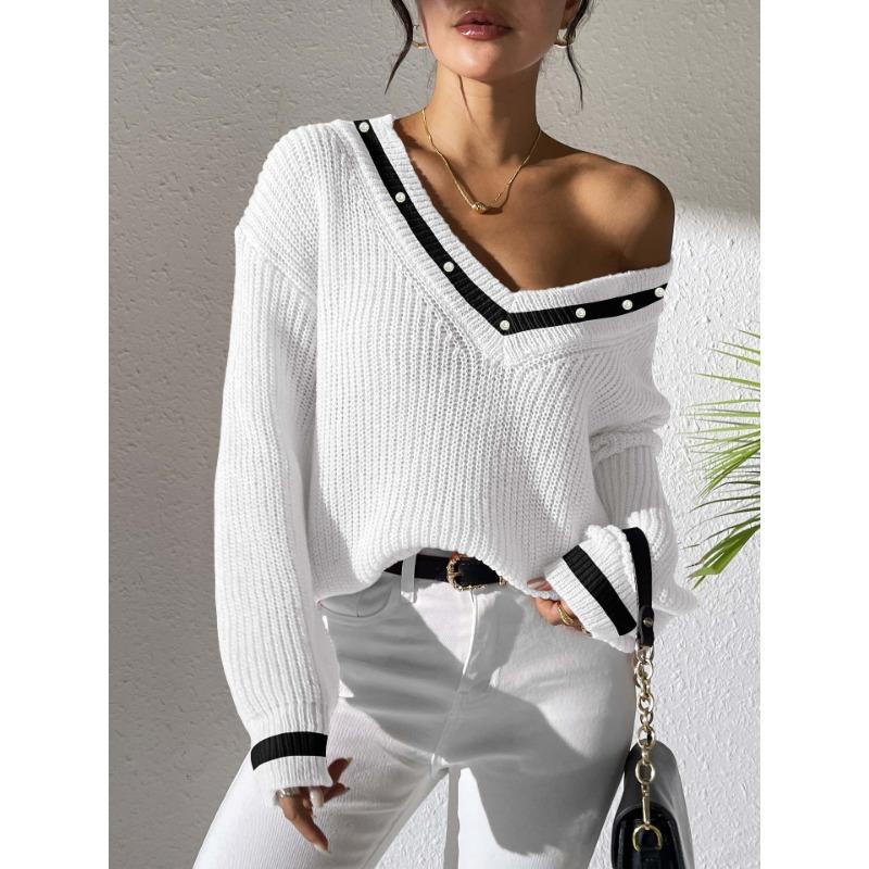 Autumn and Winter Women's Color Contrast Stitching V-neck Long Sleeve Beaded Casual Sweater