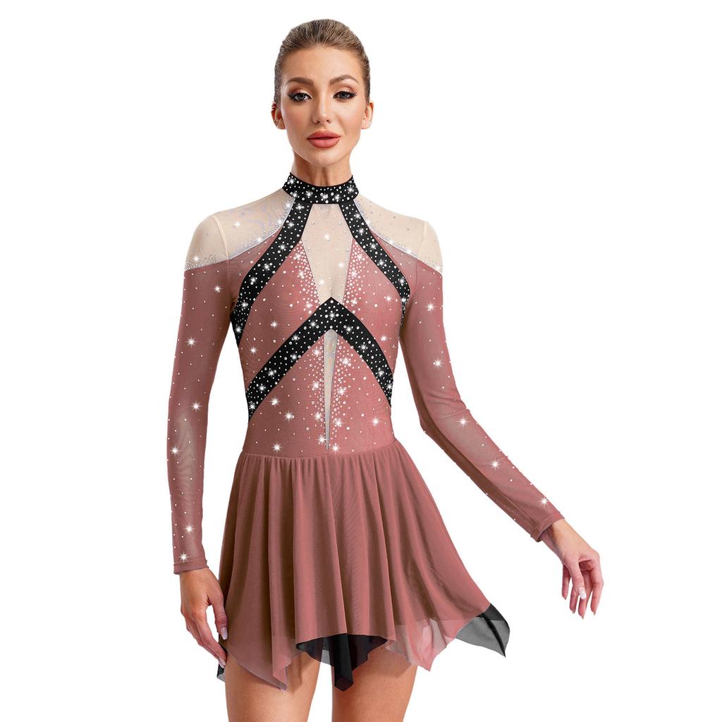 Женское платье для лирического танца, дизайн колор-блок, полупрозрачная сетчатая вставка, блестящие стразы, асимметричная танцевальная одежда