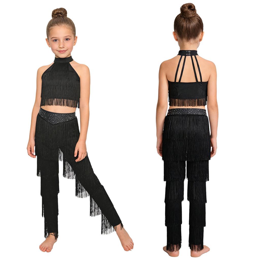 Children‘s Latin Dance Outfit Sleeveless Back Straps Crop Top Layered Tassels and Matching Elastic Waist Fringe Pants for Salsa Competition
