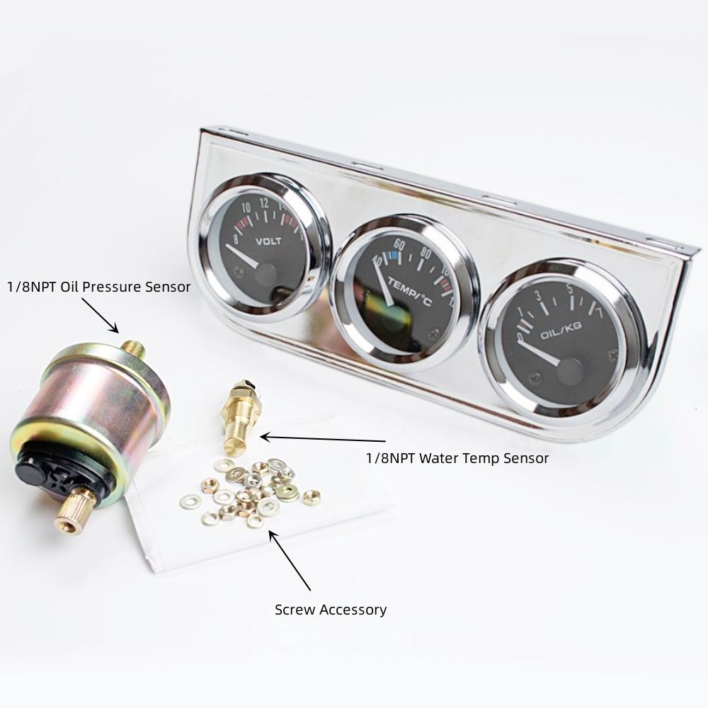 52mm Car Triple Gauge Voltmeter Water Temp Gauge (Celsius) Oil Pressure Gauge(Bar) 3 in 1 Car Modification Gauge With Sensor