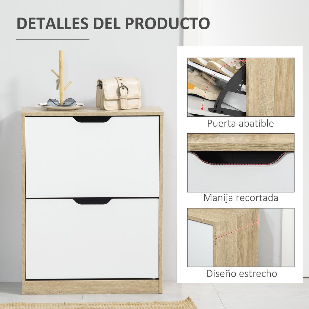 Wooden Shoe Cabinet, 2 Hinged Doors, 4 Shelves, for 8 Pairs, 62.5x26x81cm, White & Natural