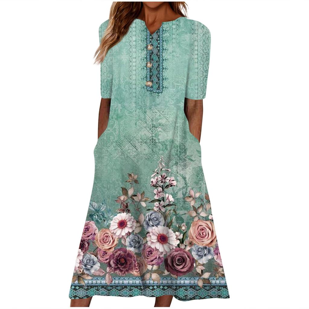 Women's Summer Casual Printed V-Neck Short-Sleeve Swing Dress