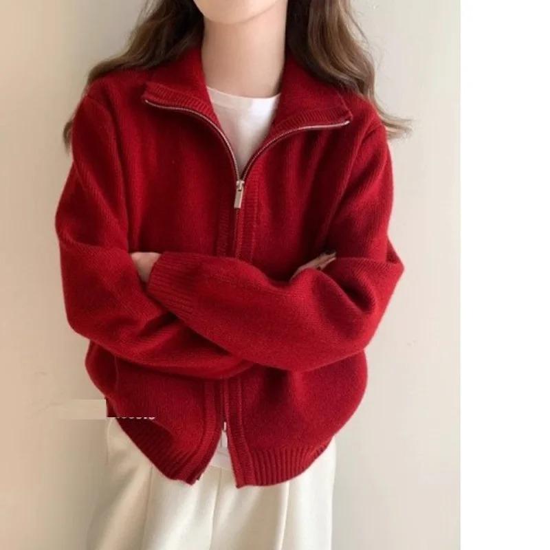 Fashion Double-zip Stand Collar Sweater Coat Women Solid Color Casual Knitted Cardigan Korean Style Autumn Winter Sweater