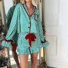 Striped Loungewear Christmas Pajamas Shorts Set Women Cute Bow Tie Pjs Button Up Shirt+Ruffle Shorts 2 Piece Sleepwear