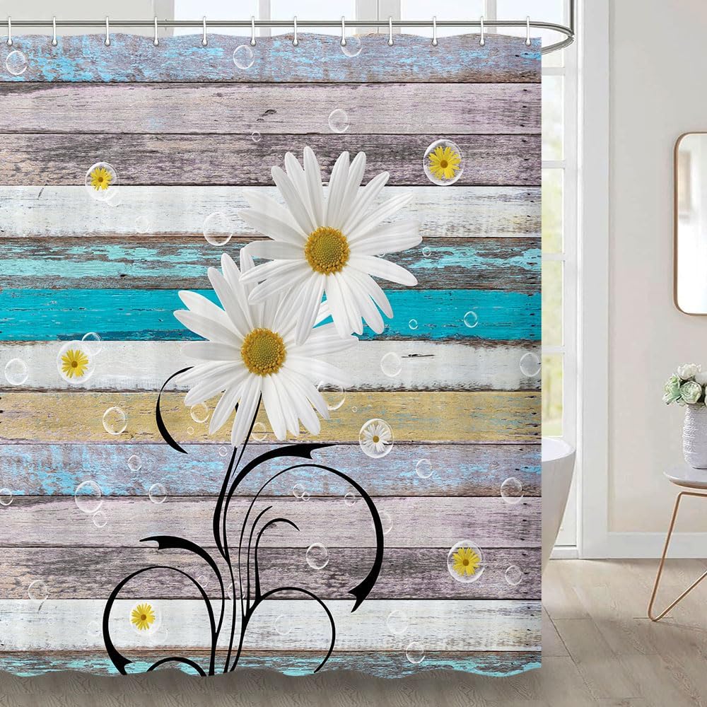 Daisy Shower Curtain Set - Rustic Farmhouse Floral with White/Yellow Blooms, Spring Botanical Bath Decor, Multi-Size Options