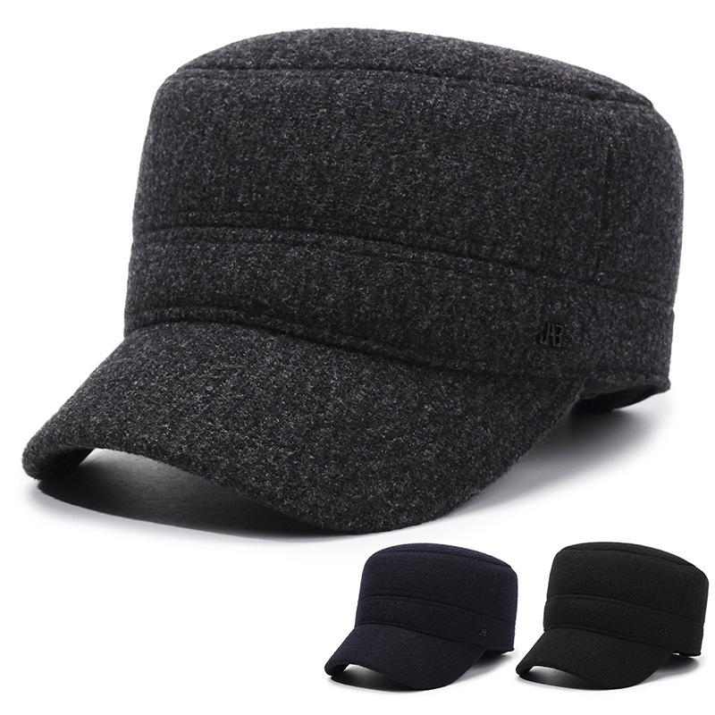 Men's Winter Flat Cap Velvet Thick Cap Woolen Cotton Cap Outdoor Warm Ear Protection Cap for Middle-Aged and Elderly