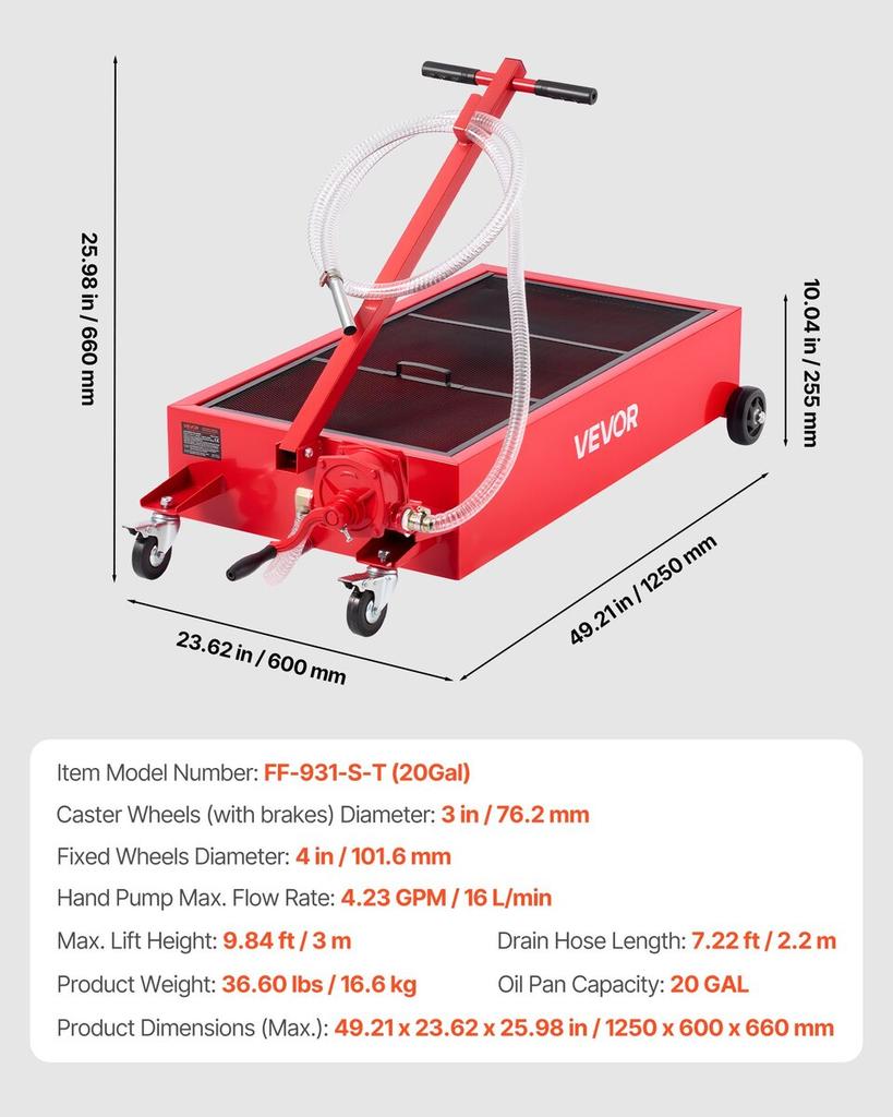 Low Profile Oil Drain Pan, 75.7 L Capacity, Rolling Oil Drain Pan with Manual Pump, 2.2 m Hose & T Folding Handle, Leak-proof & Corrosion-resistant,