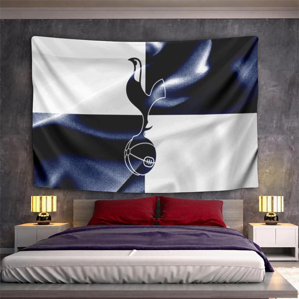 Tottenham Hotspur Badge on Navy and White Silk Quadrants Tapestry Wall Hanging Fan Wall Art Decor for Dorm Room