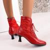 Autumn and Winter New European and American Style Lace Lace Wine Glass Middle Heel Front Strap Pointed Women's Short Boots