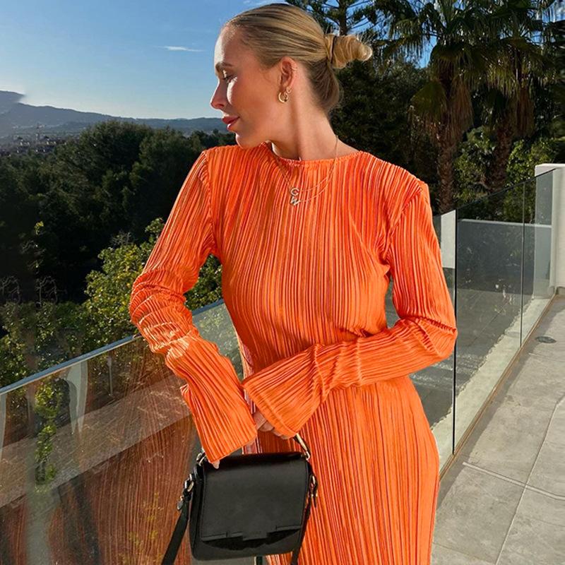 Женское элегантное длинное платье с длинным рукавом и круглым вырезом, модное женское длинное платье для вечеринки и свидания