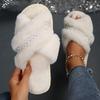 Fashion Pearl Crystal Decor Fluffy Slippers for Women Winter Plush Cross Strap Warm House Slippers Woman Open Toe Comfy Faux Fur Slides