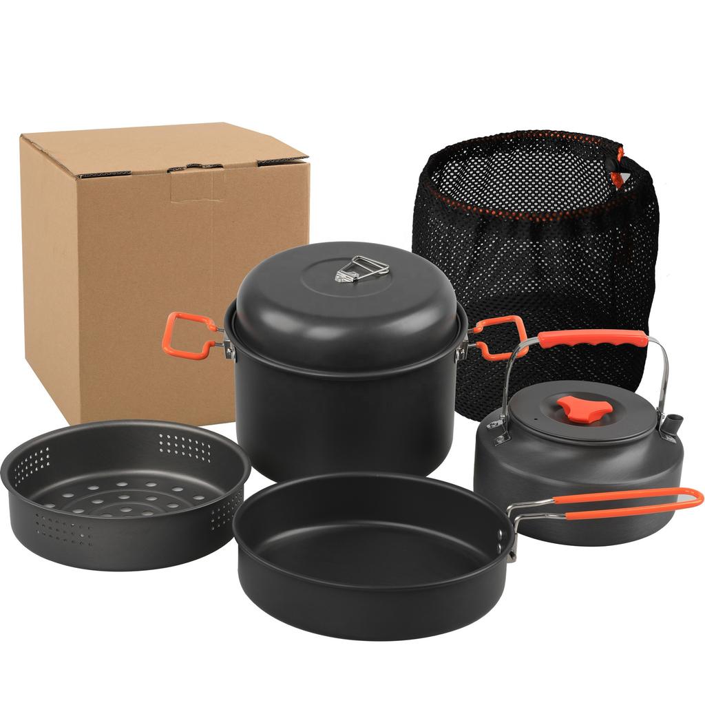Oem Portable Outdoor Aluminum Alloy Cookware Set 1.6l Binaural Steamer Kettle And Large Frying Pan For Camping For Campers Hiker