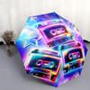 Automatic Folding Umbrella with Neon Cassette Tapes & Stars - Portable Collapsible Design, 8-Rib Durable Frame, Vibrant Neon C