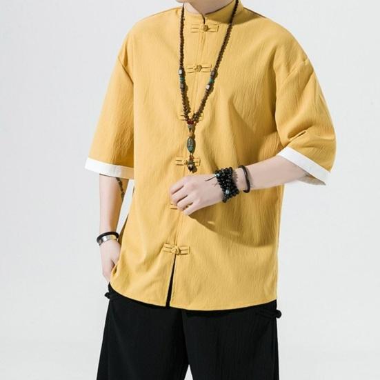 Мужская рубашка в китайском стиле, однотонный ледяной шелк, однобортный однобортный кардиган средней длины с короткими рукавами, топ, костюм Ханфу