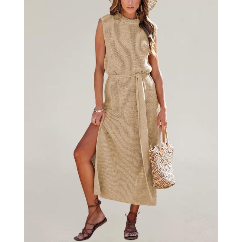 Women's Round Neck Solid Colour Split Belt Knitted Dress