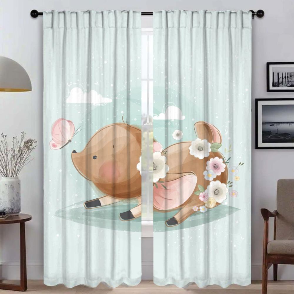 Cute Animals Home Interior Curtains 2 Pieces Window Curtain for Room 2 Panel Tulle for Bedroom Shades Partition Living Kitchen