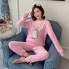 Зимняя фланелевая мягкая теплая женская пижама с круглым вырезом и длинным рукавом, женский комплект из двух предметов, милый пижамный костюм с принтом для женщин