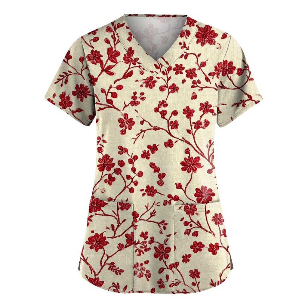 Women's Fashion Short Sleeve Fashion Vintage Floral Print V-Neck Pocket Workwear Tops