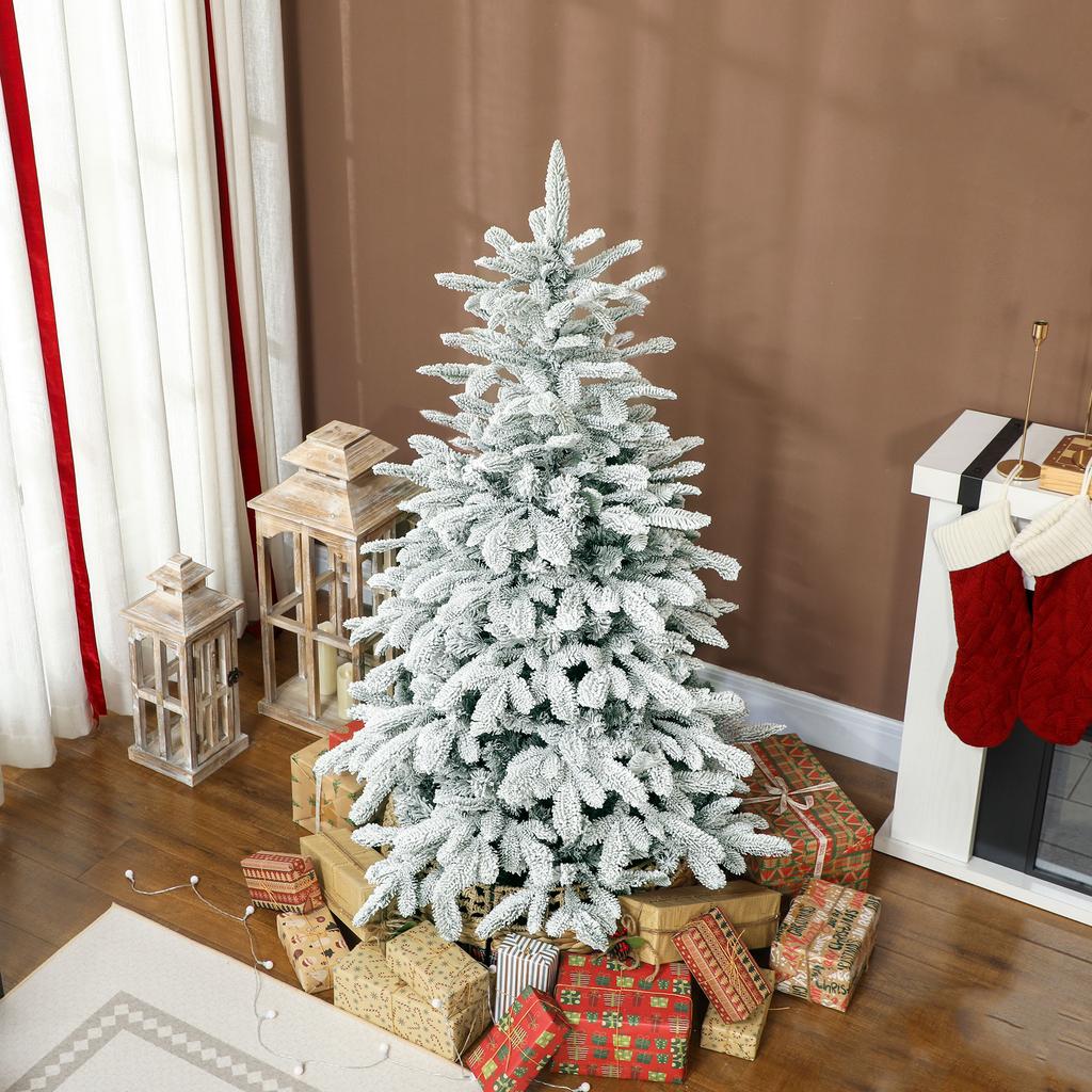 5 ft Artificial Flocked Christmas Tree with 717 Branches, Hinged Xmas Tree with Foldable Metal Stand, Easy Assembly for Home Office Decor