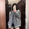 Women's Retro College Style Gray Wool Baseball Jacket for Spring and Autumn