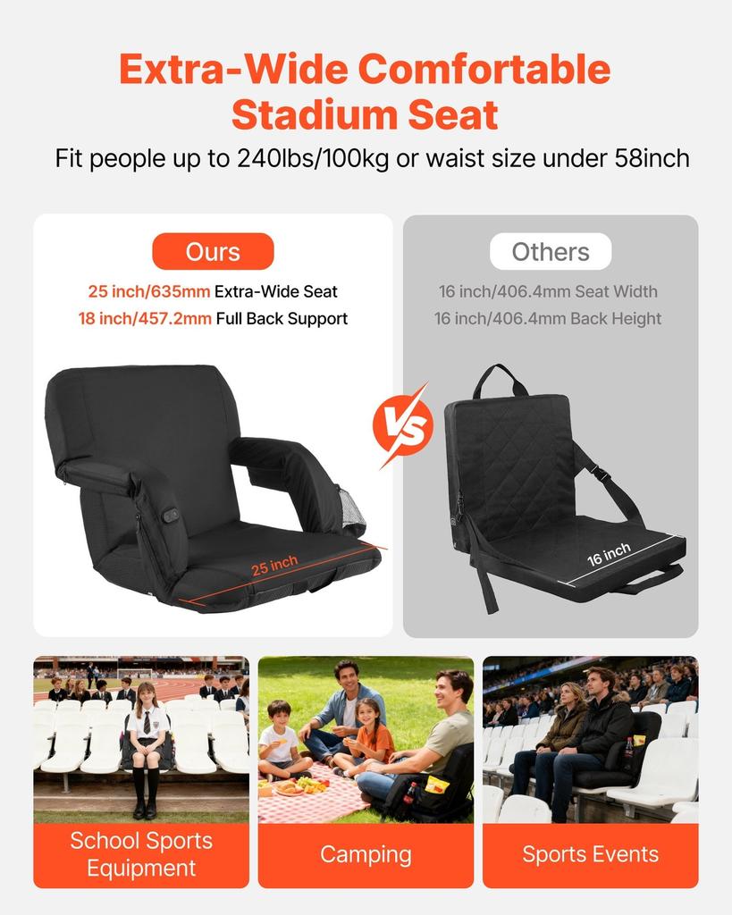 Stadium Seat, 635mm Heated Stadium Chair, Bleacher Seat Heated with 4 Pockets for Bleachers, 3 Level Heating & 6 Modes Vibration Portable Heating